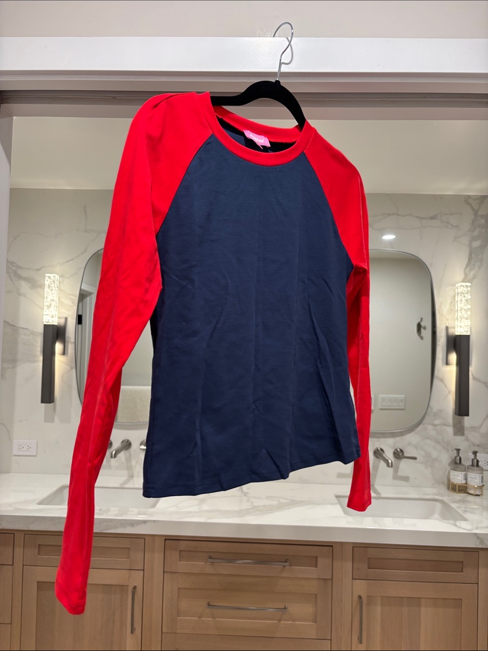 Edikted Navy Long Sleeve Raglan Tee with Red Sleeves